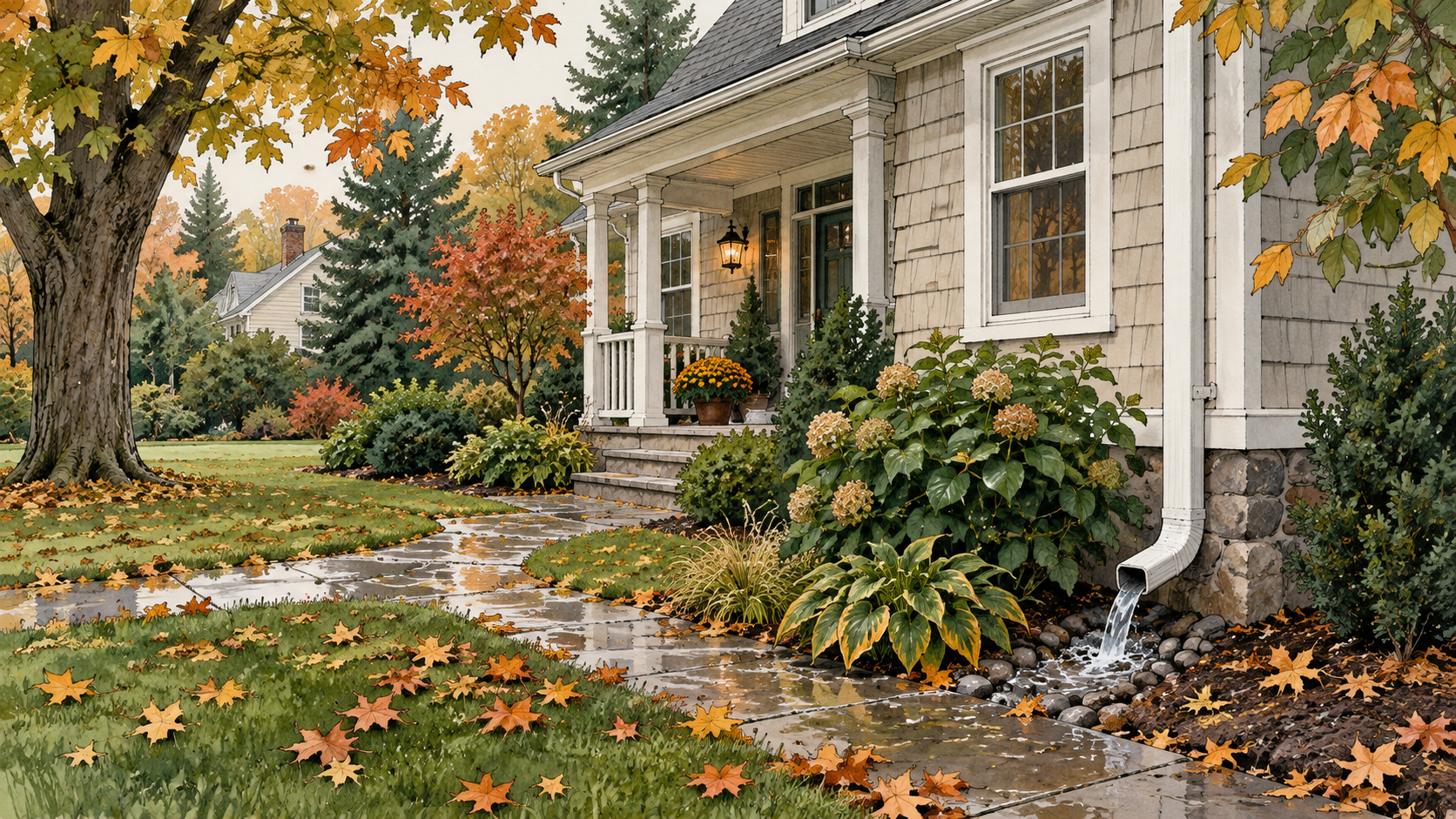 A house and garden surrounded by autumn foliage.