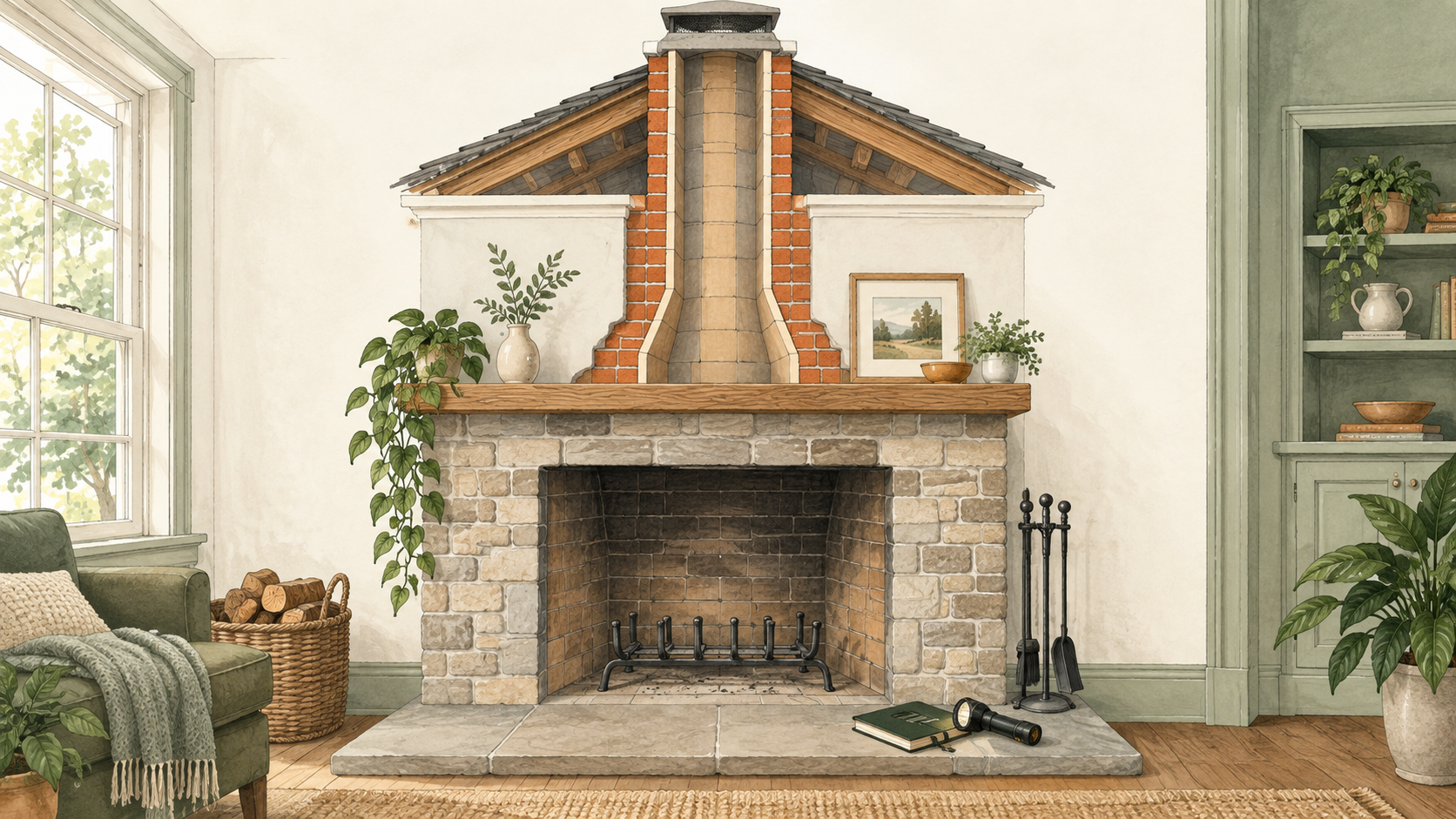 An unlit fireplace, an inspection folder and a cutaway view of the chimney.