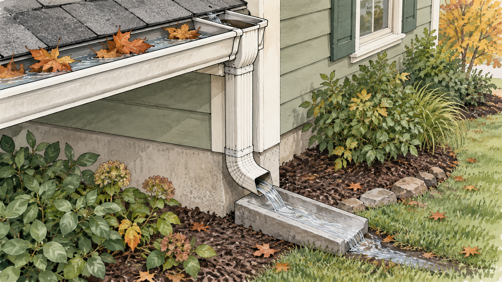 Rainwater following a roof gutter into a downspout and away through the garden.