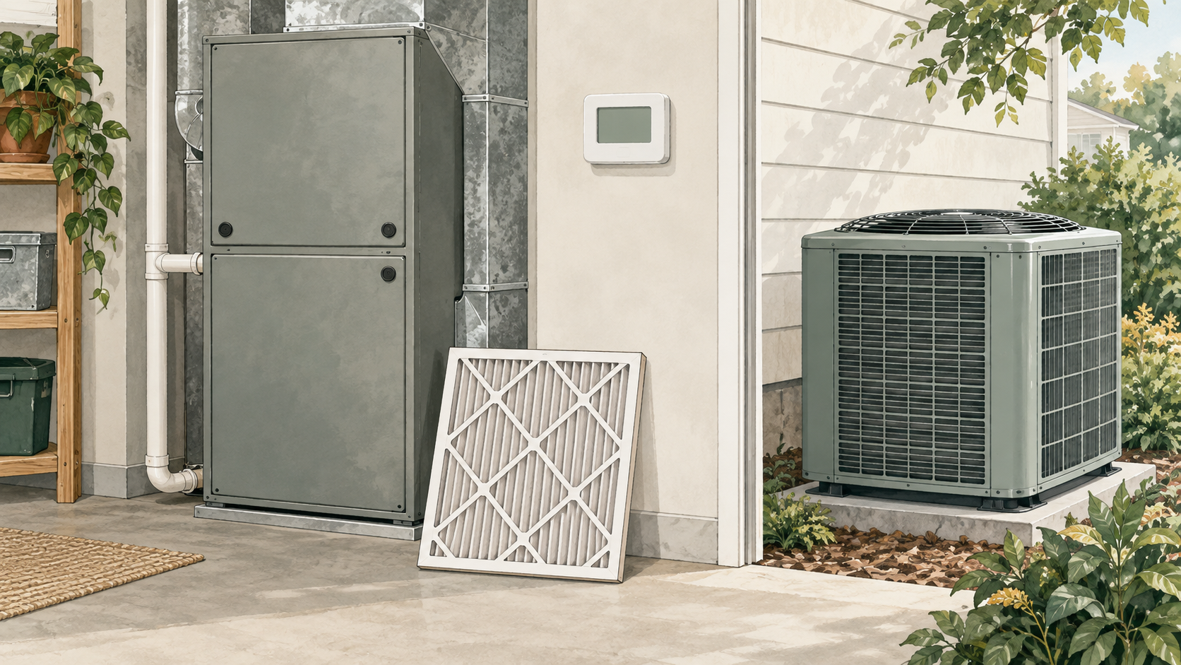 Closed heating and cooling equipment beside a house, with a pleated air filter in the foreground.
