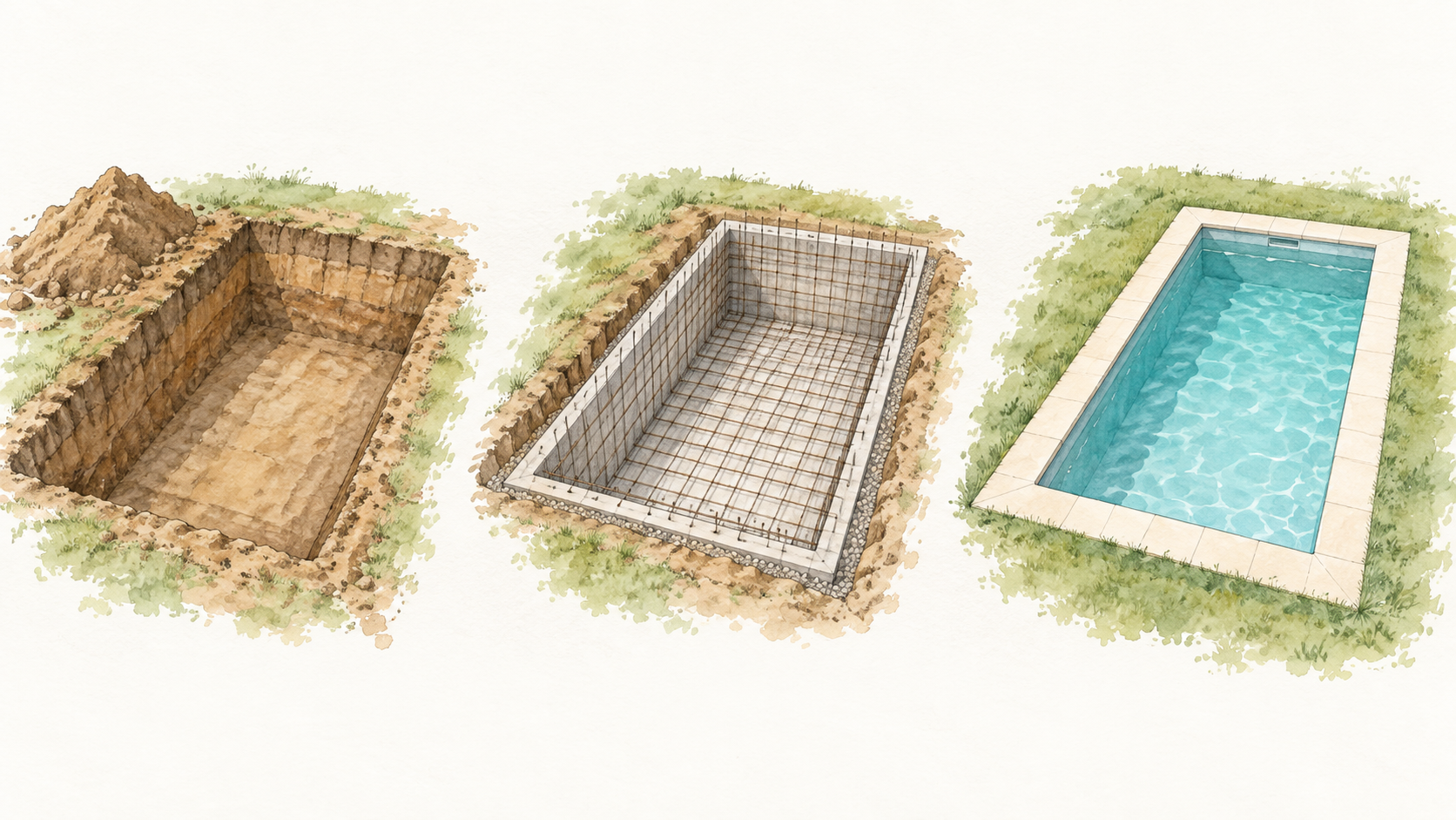 Three stages of a rectangular pool project: excavation, reinforcement and shell construction, and the finished pool.