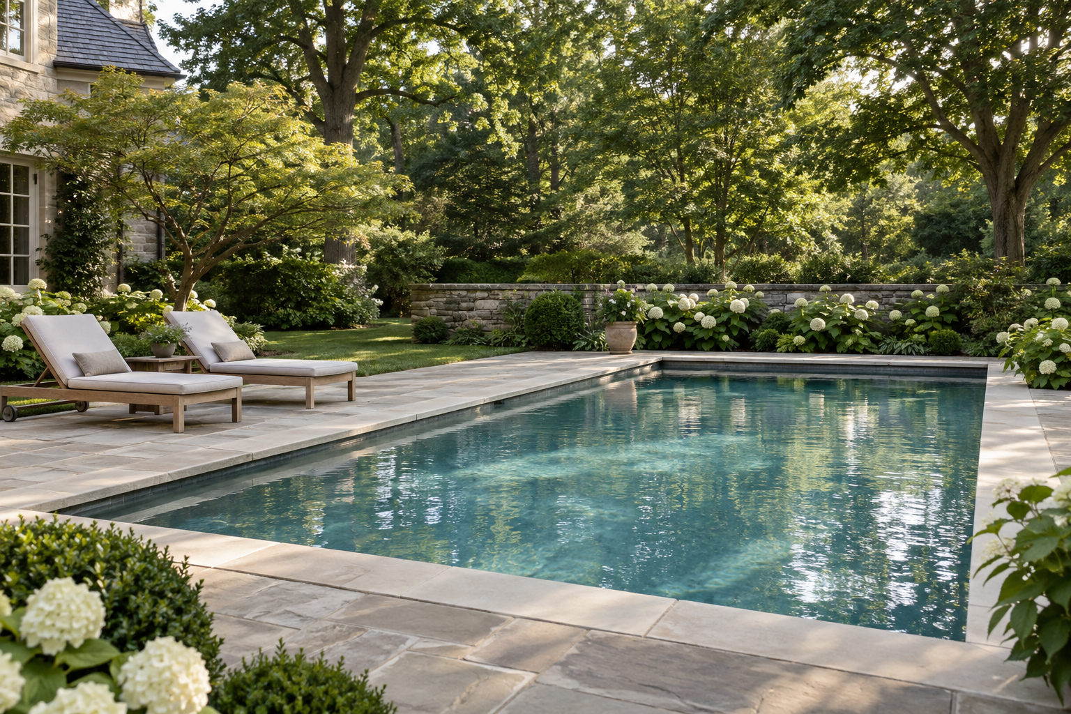 A finished swimming pool set within a leafy garden.